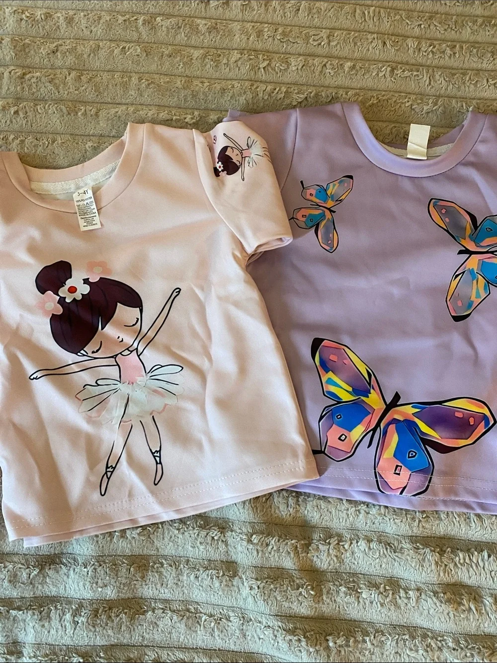 NWOT, DUO Girls' Purple Butterfly Print Long Sleeve Top and Pink Ballerina Top